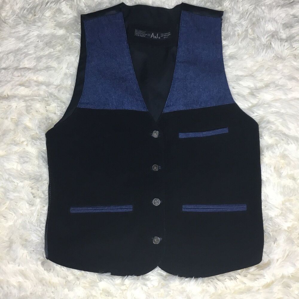 Blue denim black leather waistcoat bird buttons satin tie back pit 20” M
